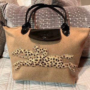 Longchamp Limited Edition “Victoire” Wool Tote-Faux Cheetah Horse & Rider Logo
